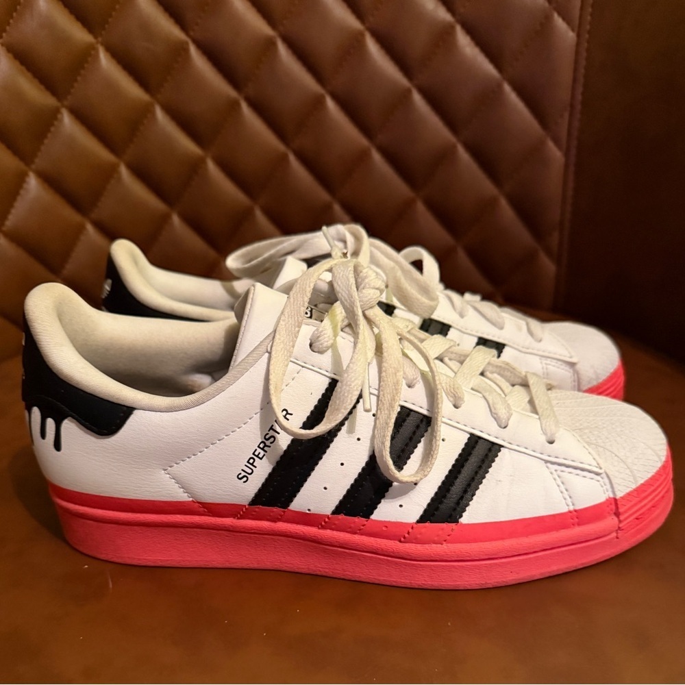 Adidas Superstar White and Black with Pink Soles and Black Drip - Picture 2 of 7